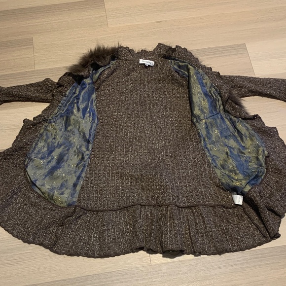 Brown Belted Knit Cardigan Sweater with Faux Fur Trim - Penny Lane Boho Y2K - Picture 7 of 15